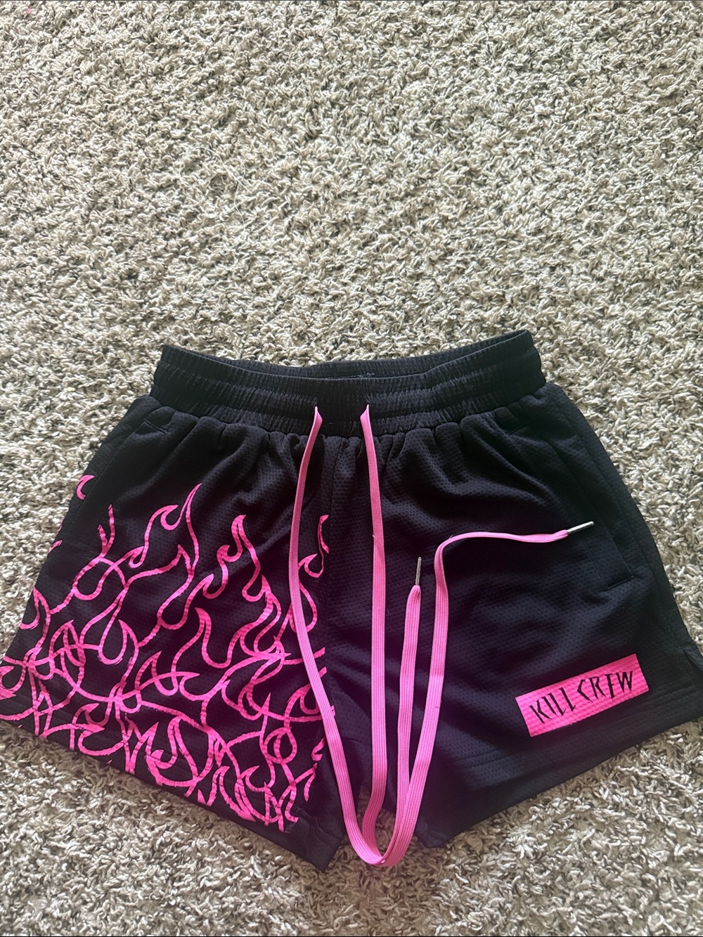 Kill Crew Black Athletic Shorts with Hot Pink Flame Print